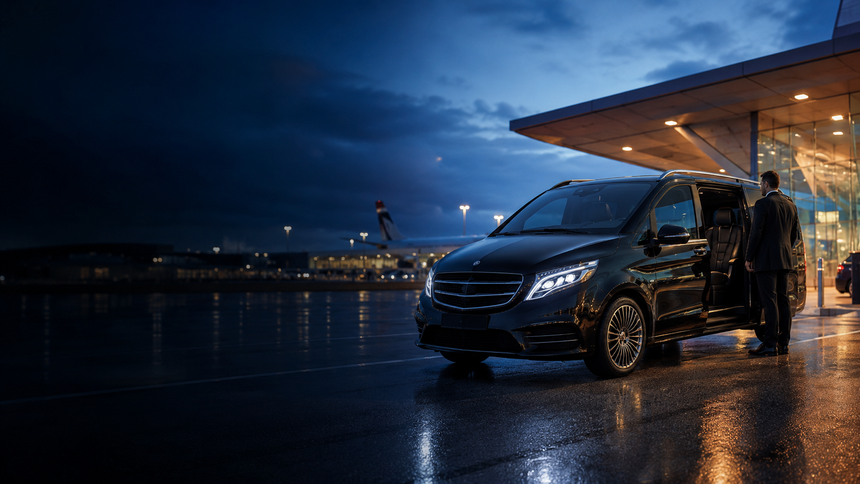 Black Mercedes Vito Tourer with chauffeur outside a London airport terminal at night